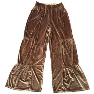 Luukse Velvet Tiered Wide Leg Pants Elastic Waist Brown Bronze Boho Hippie 70s M